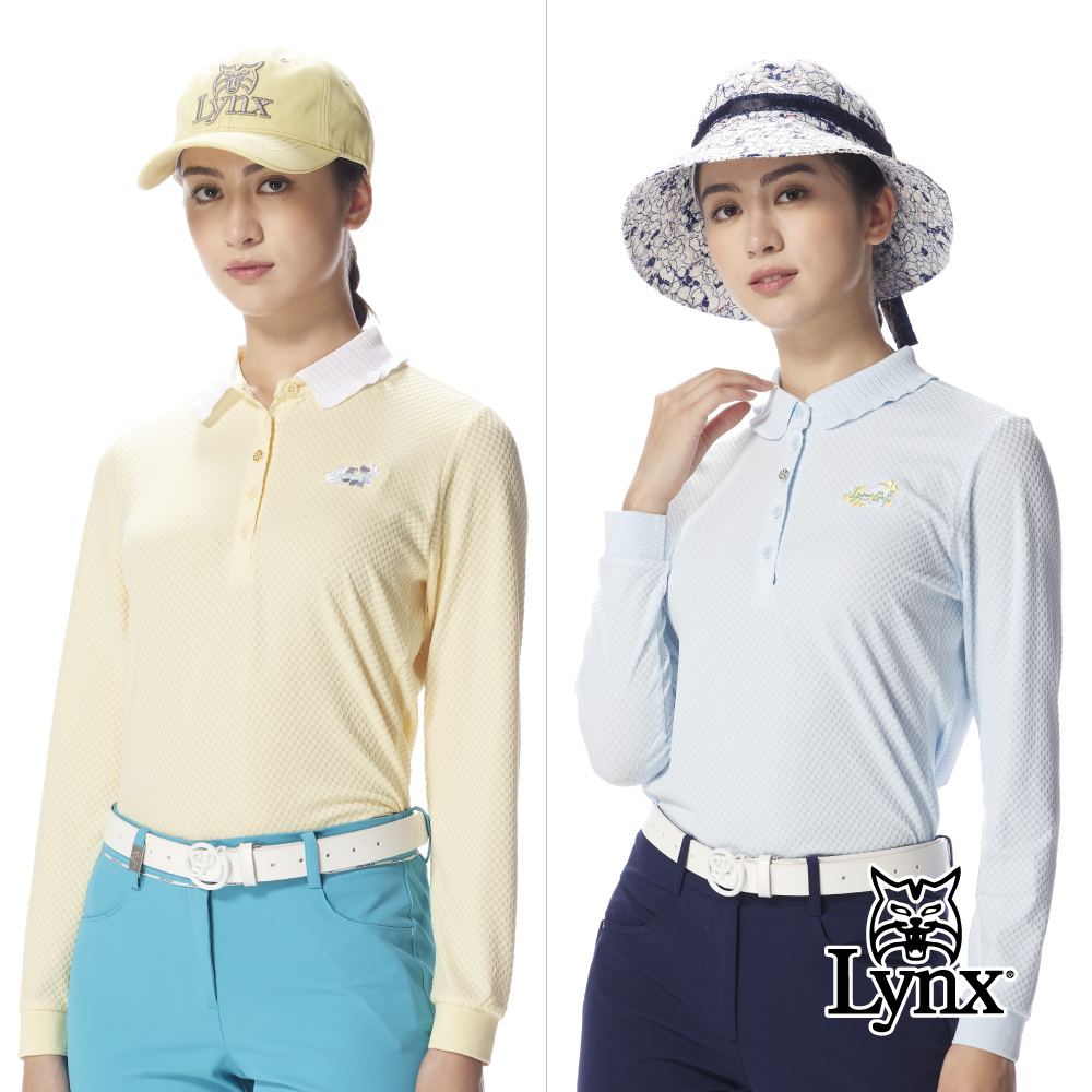 【Lynx Golf】女款吸濕排汗抗UV兩側開岔胸前刺繡緹花造型POLO衫