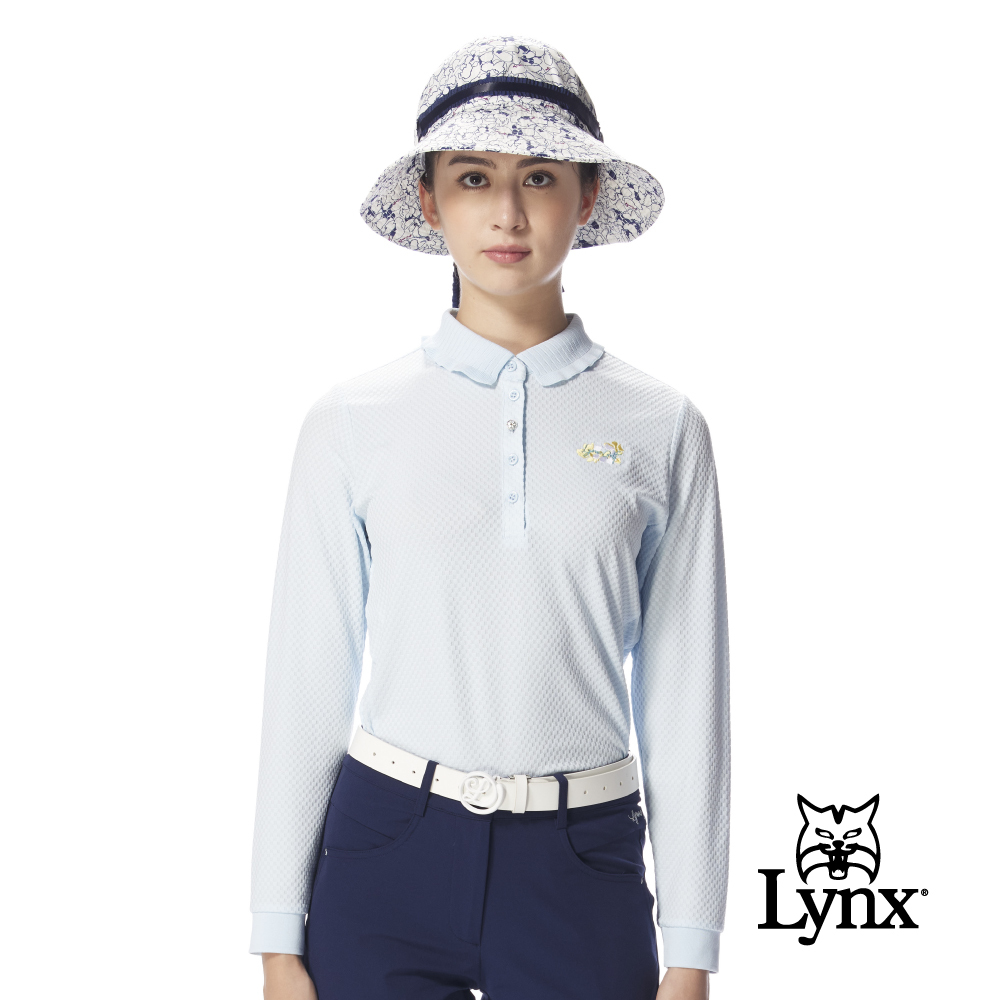 【Lynx Golf】女款吸濕排汗抗UV兩側開岔胸前刺繡緹花造型POLO衫