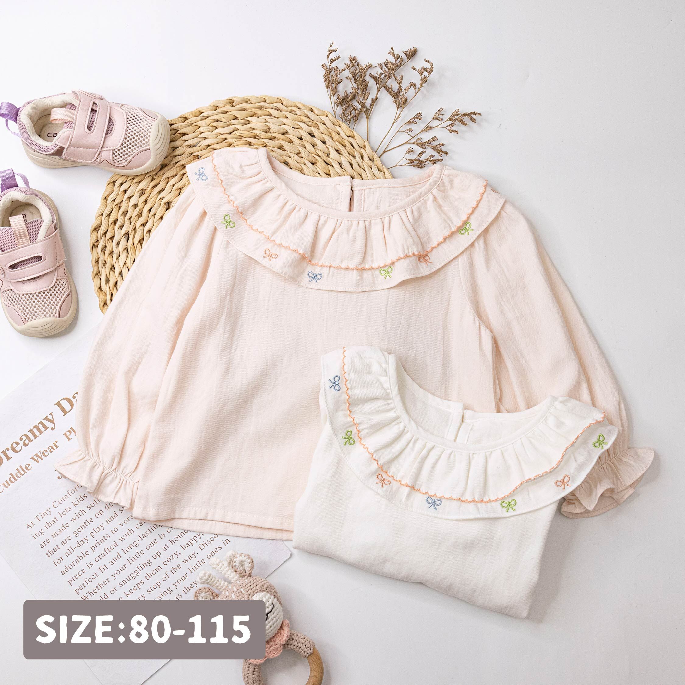 【H55279】繽紛蝴蝶結荷葉領上衣＊二色