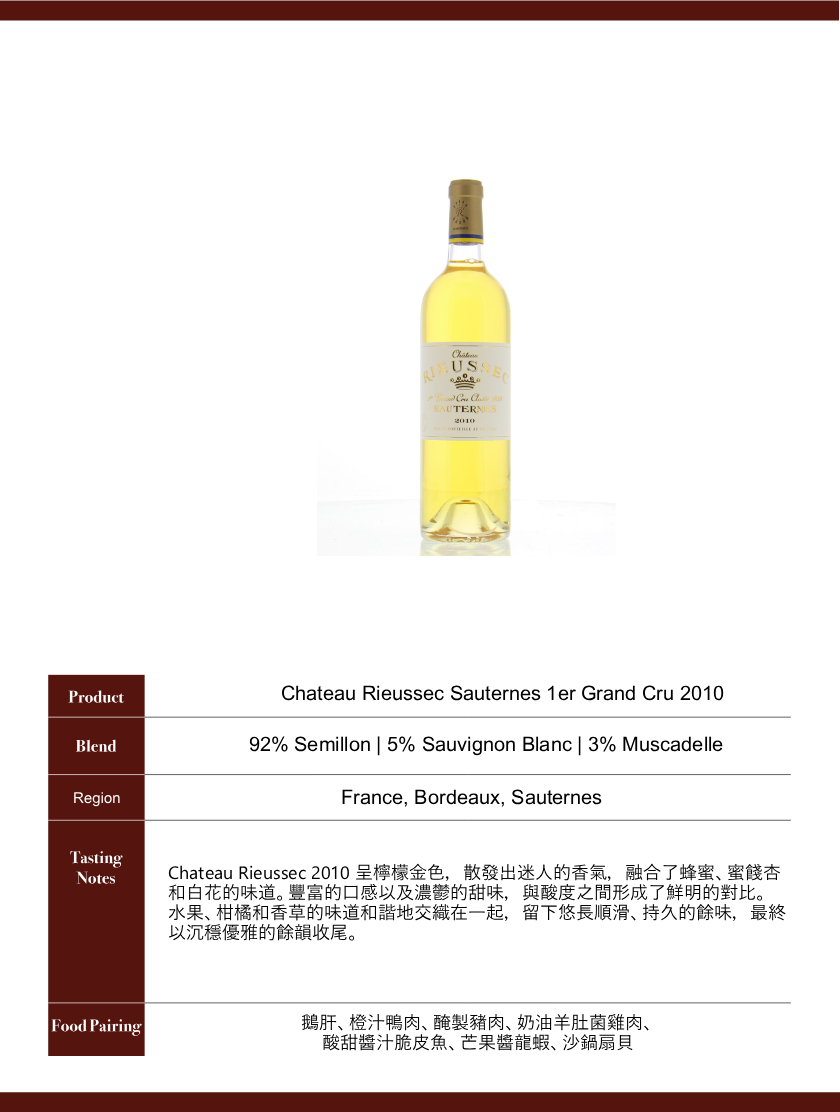 Chateau Rieussec Sauternes 1er Grand Cru 2010