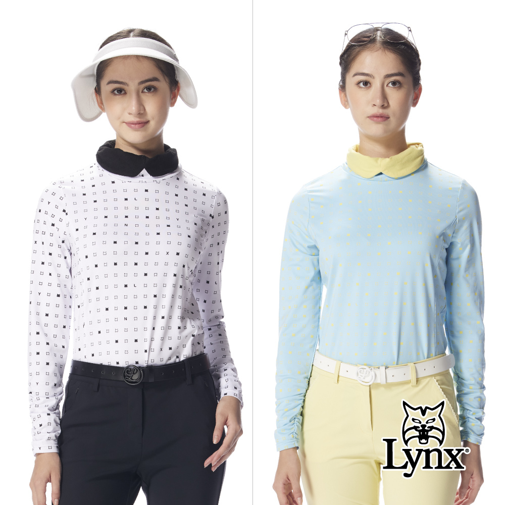 【Lynx Golf】女款保暖舒適合身剪裁滿版LOGO設計撞色造型翻領長T
