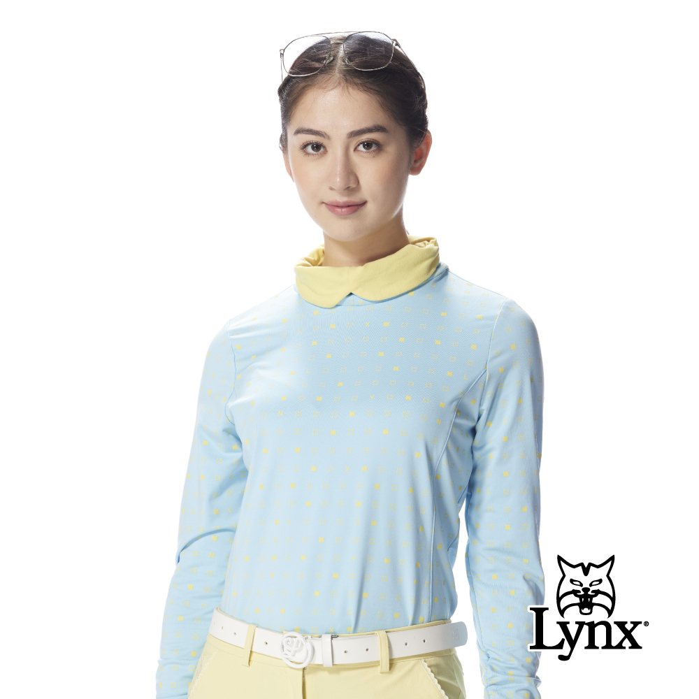 【Lynx Golf】女款保暖舒適合身剪裁滿版LOGO設計撞色造型翻領長T