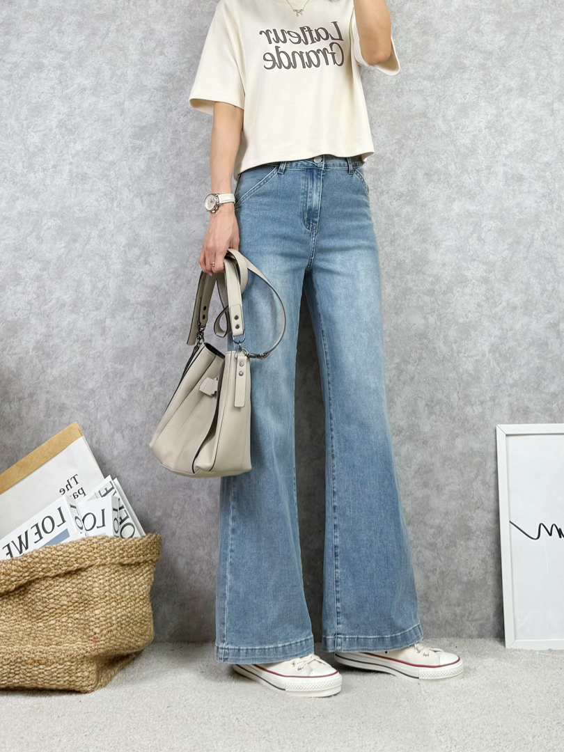 自然落地剪裁★不費力拉長比例的牛仔寬褲