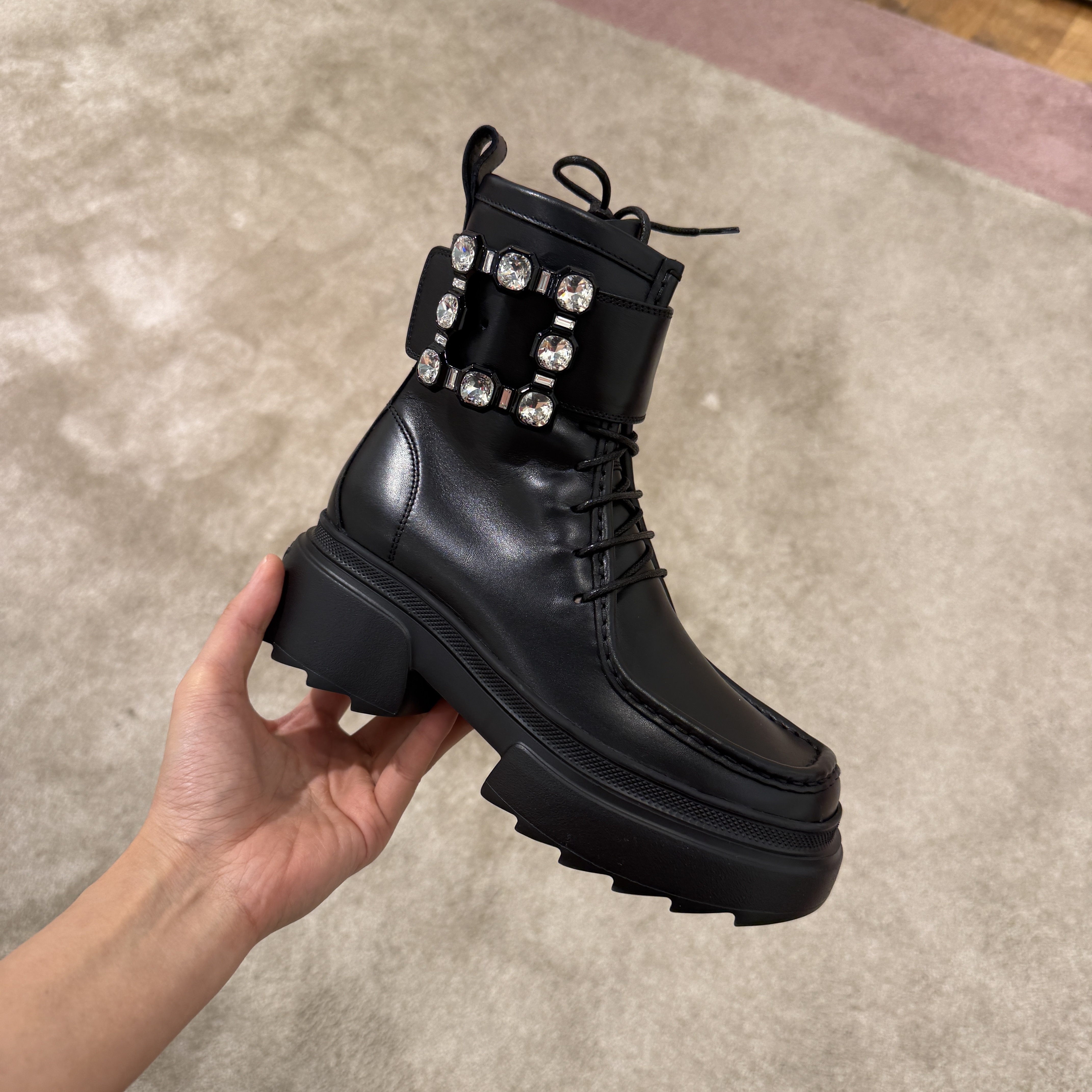 Roger Vivier RV walla viv strass lace boots black