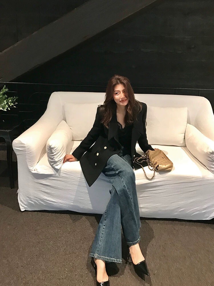 經典原單深藍色系直筒落地牛仔褲-S-XL (Elegant & Love)