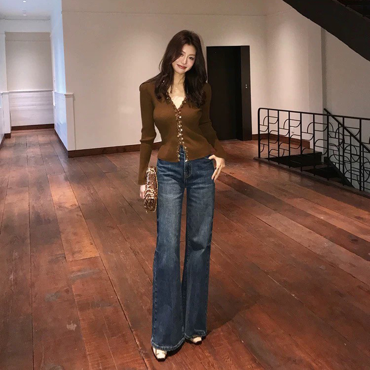 經典原單深藍色系直筒落地牛仔褲-S-XL (Elegant & Love)