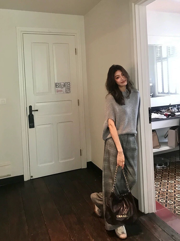 格雷色系格紋直筒毛呢西裝褲長褲-S-XL (Elegant & Love)