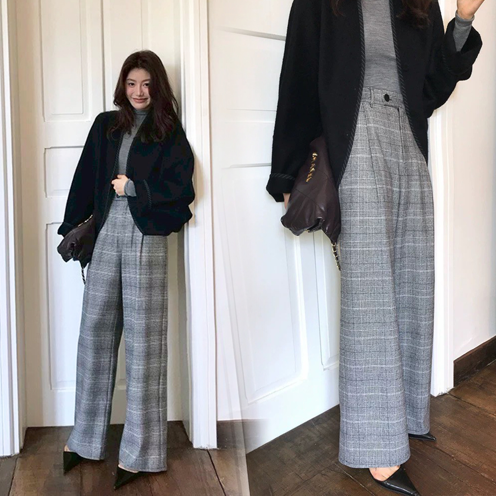 格雷色系格紋直筒毛呢西裝褲長褲-S-XL (Elegant & Love)
