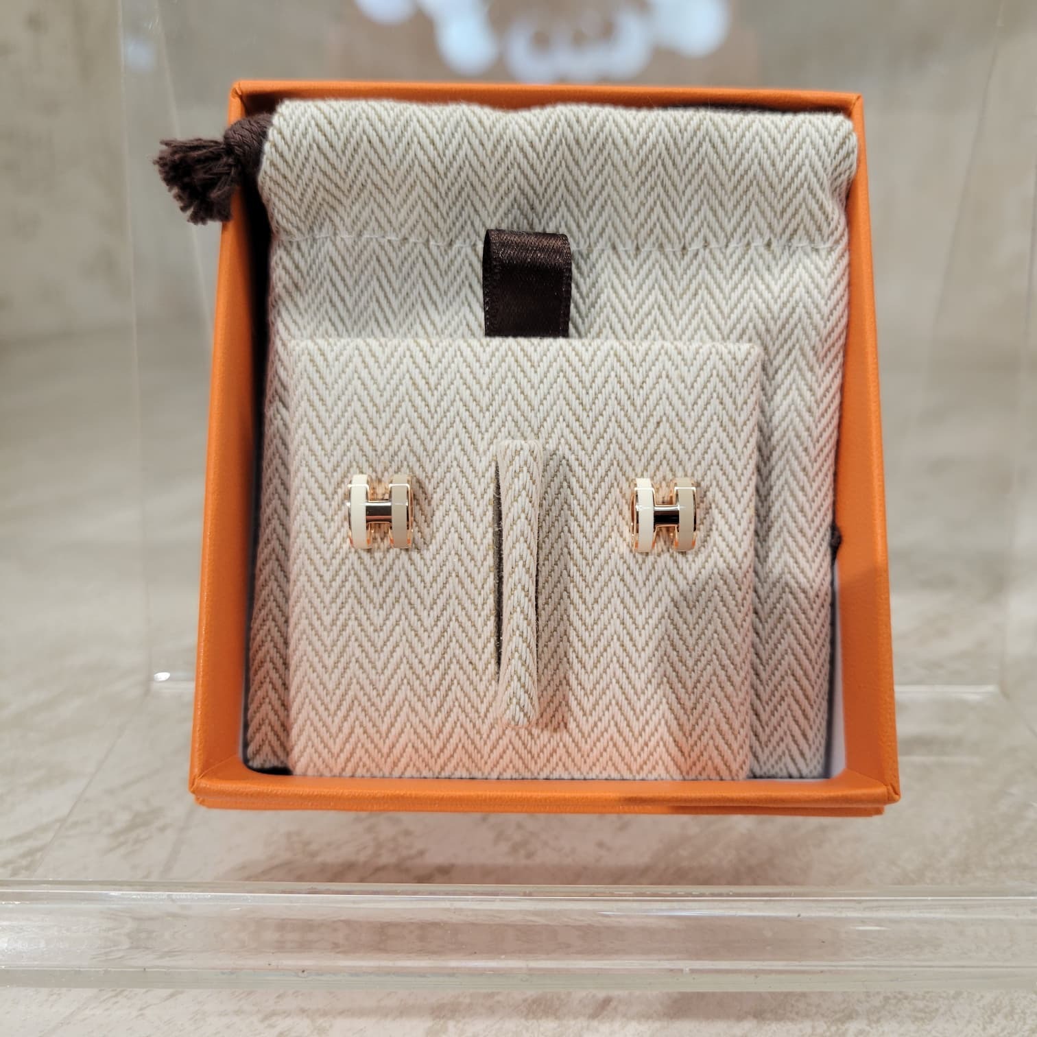 HERMES MINI POP H EARRINGS SYSTEME FO (2 TONE) 奶茶拼白 玫瑰金