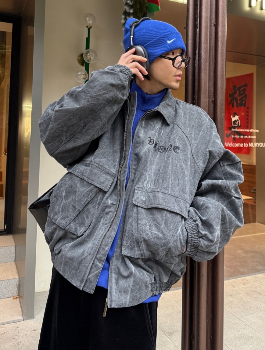 Vlone 復古 水洗 做舊 寬鬆 大V 歌德字 口袋 飛行 外套 黑/綠 2色 VLBO24001