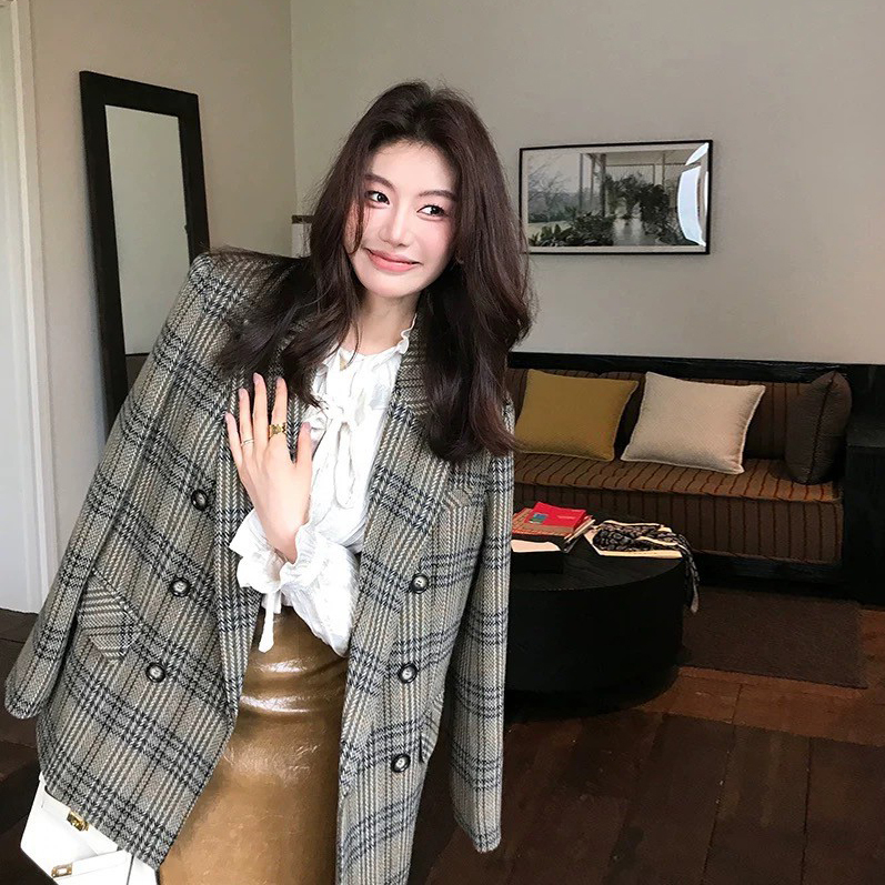 英倫氣息卡其綠格紋毛呢西裝外套-S-XL (Elegant & Love)