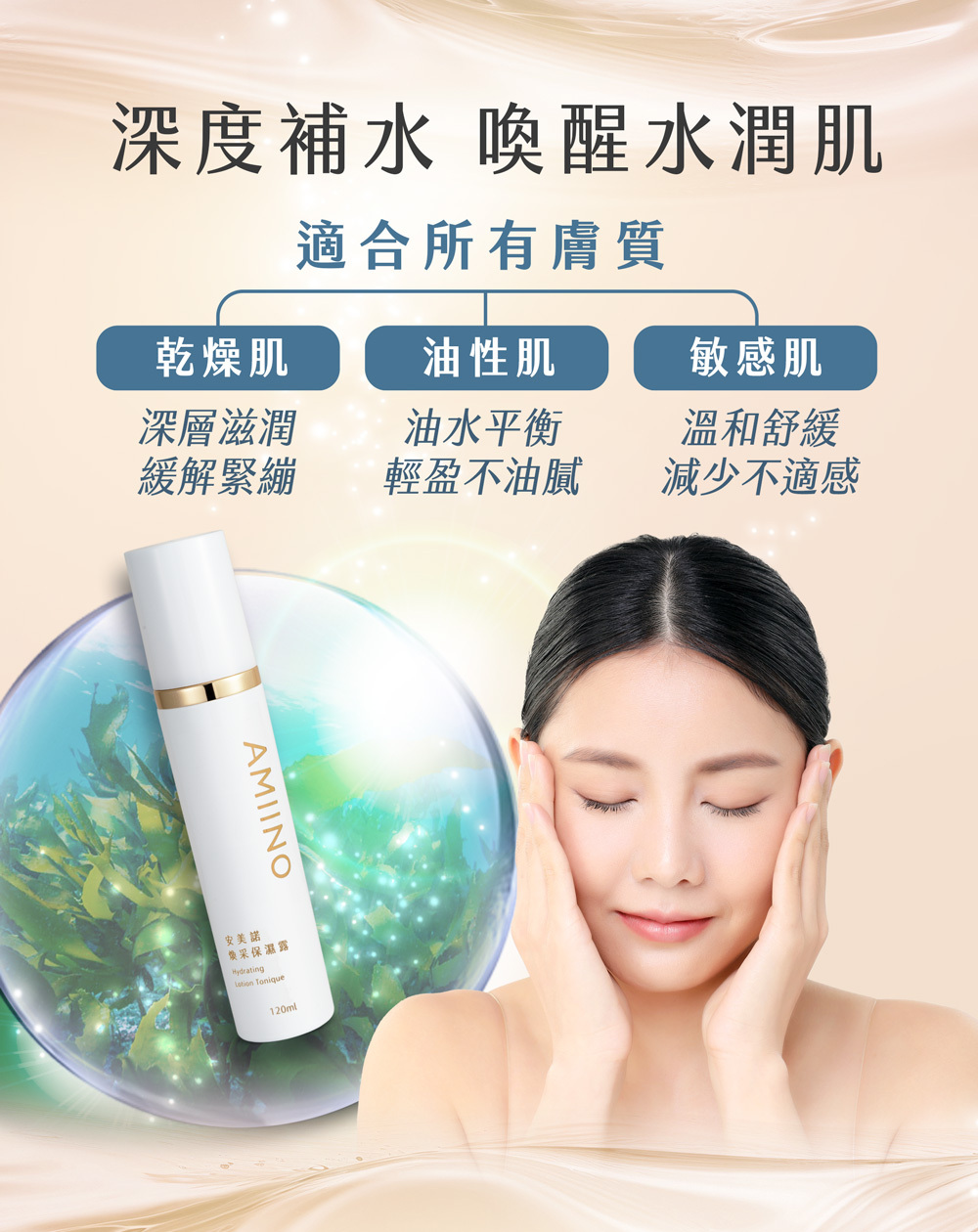 產品圖展示安美諾保濕露如何適用於所有膚質。一位女性閉眼享受地觸摸臉頰，旁邊的產品瓶身被包覆在一個水潤的球體中。圖片上方標示產品對乾燥肌、油性肌和敏感肌的益處，主題是「深度補水，喚醒水潤肌」。
