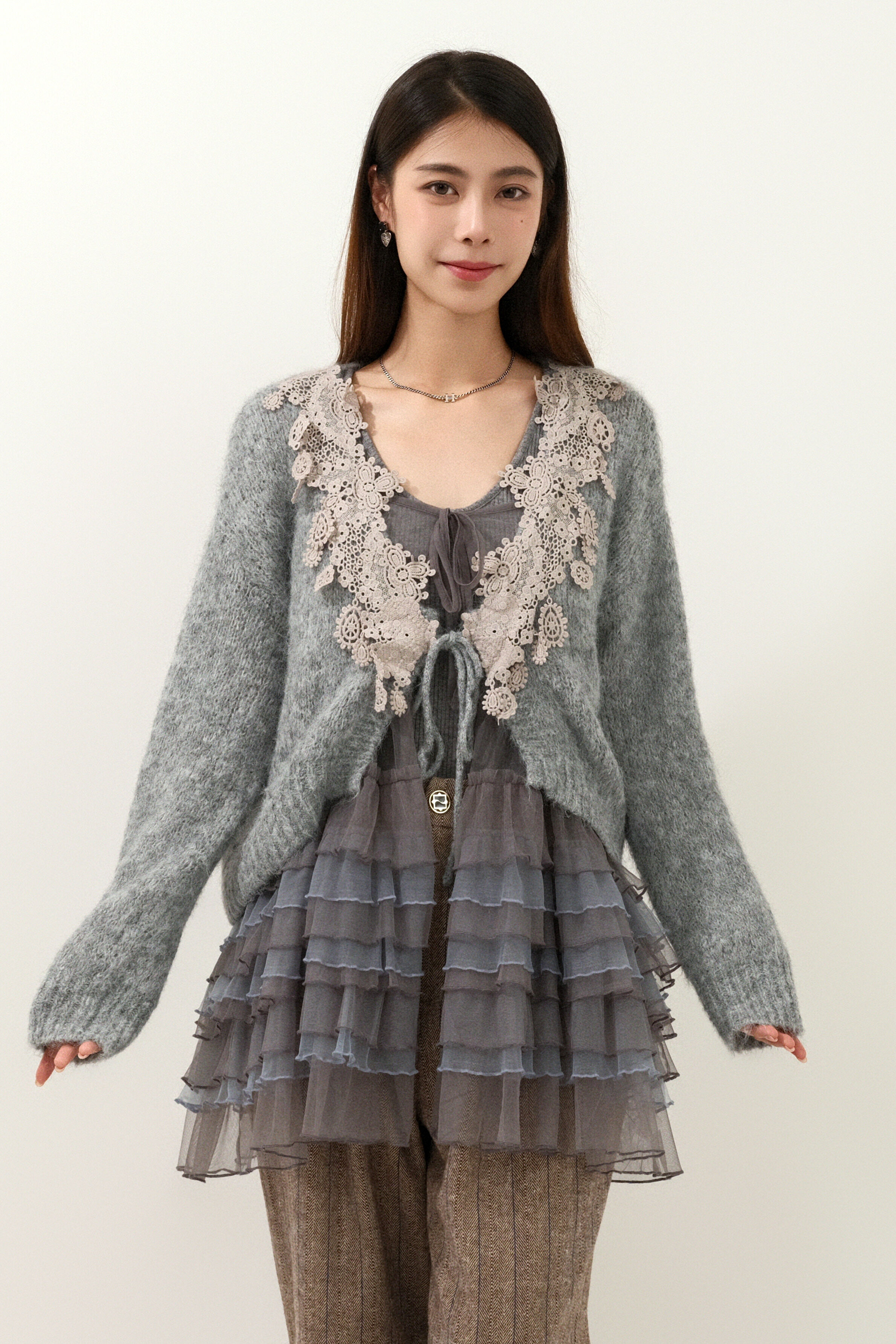 蕾絲花邊領morHair cardigan (預購產品）