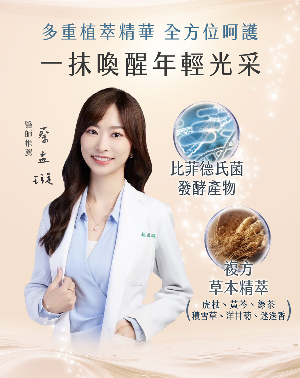 一位穿著白袍的專業醫師蔡孟璇醫生微笑推薦產品。圖片展示產品的關鍵成分，包括比菲德氏菌發酵產物和由虎杖、黃芩、積雪草等組成的複方草本精萃。標語為「多重植萃精華，全方位呵護」以及「一抹喚醒年輕光采」。