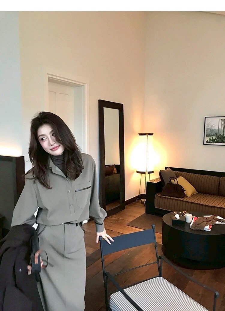 卡其綠滾邊口袋翻領襯衫+長裙SET-S-XL (Elegant & Love)