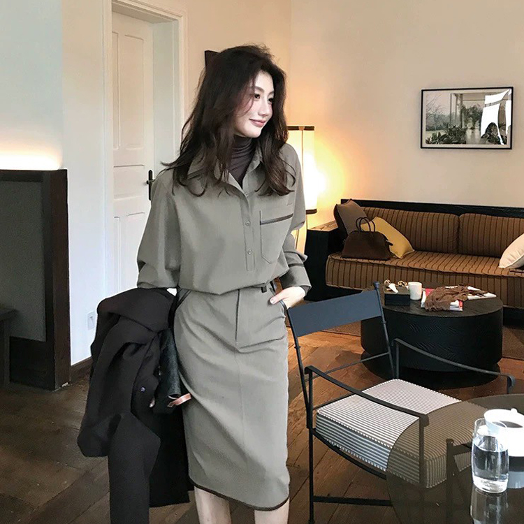 卡其綠滾邊口袋翻領襯衫+長裙SET-S-XL (Elegant & Love)