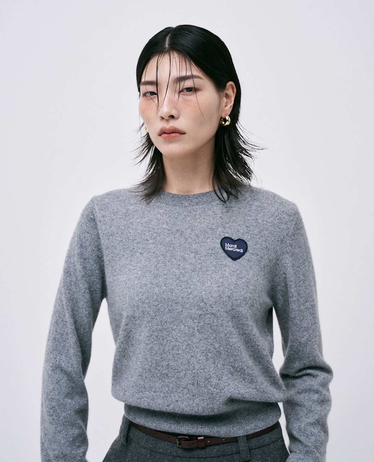 MARDI MERCREDI FW24 V領短款心形字母長袖毛衣 女款 灰色