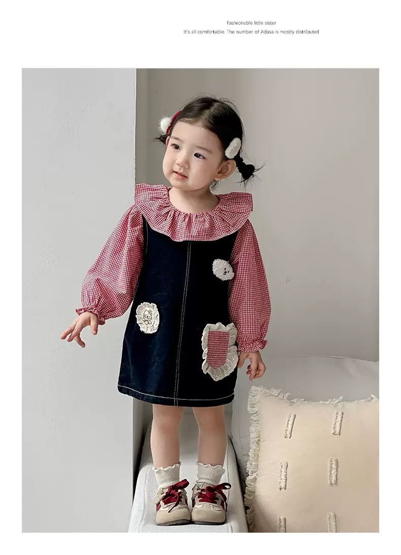 紅格子上衣+可愛格子貼布牛仔裙