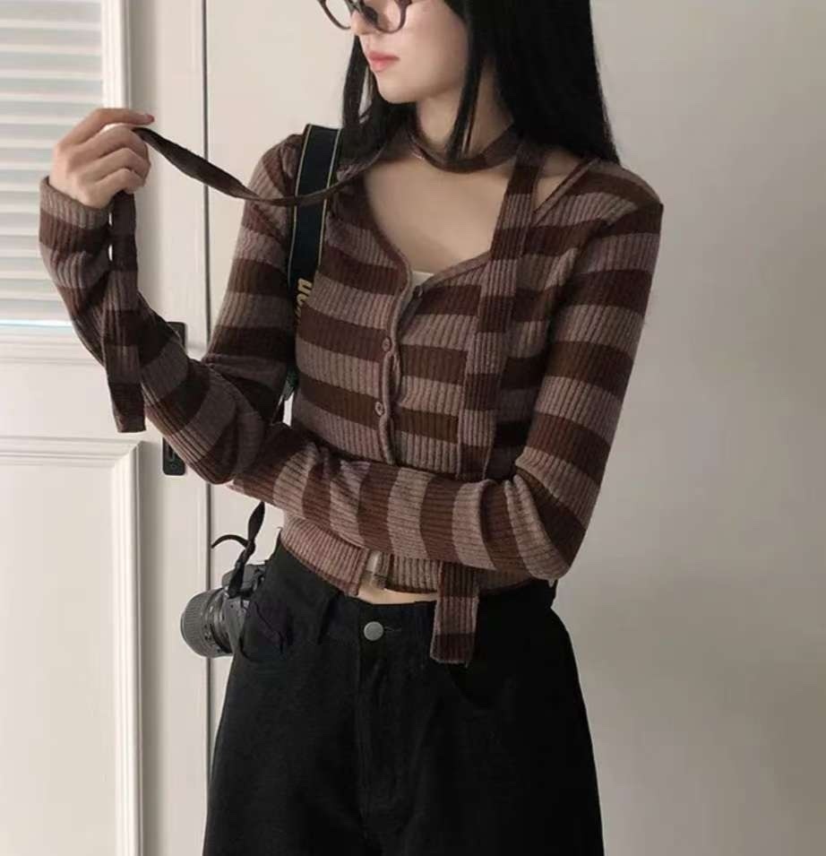 KR STRIPE CARDIGAN MUFFLER SET (3 COLORS)