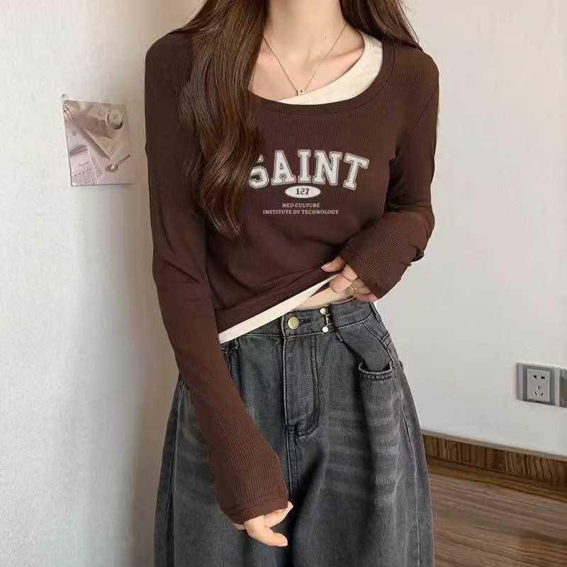 【休閒百搭的假兩件美式英字母造型棉tee】（現貨）