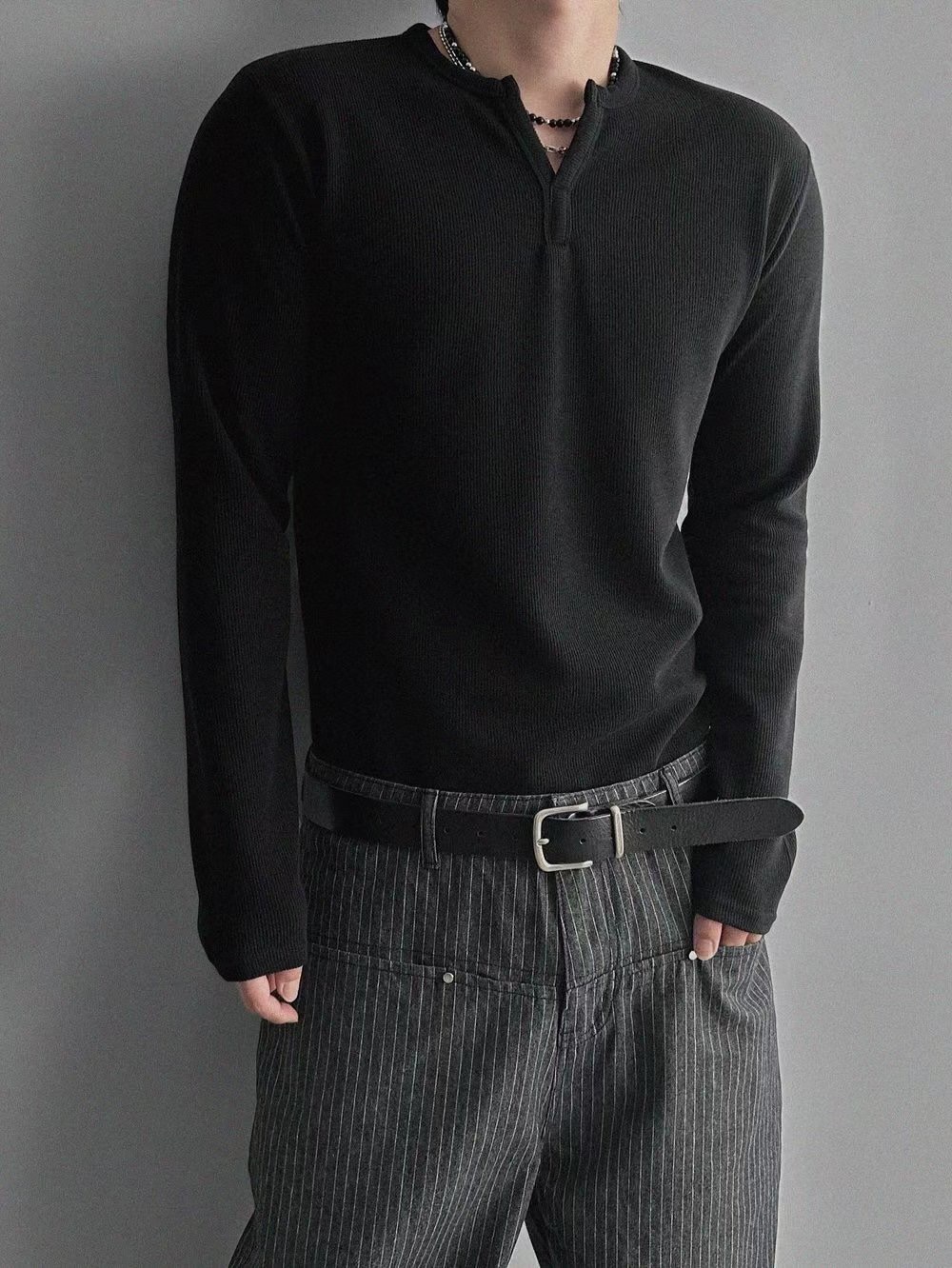 開衩羅紋肌肉長袖上衣