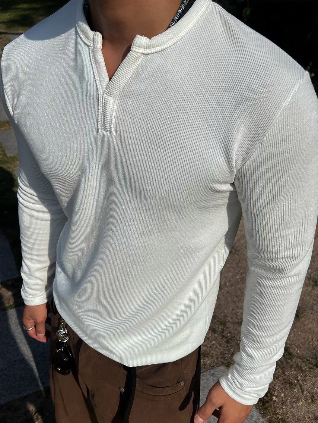 開衩羅紋肌肉長袖上衣