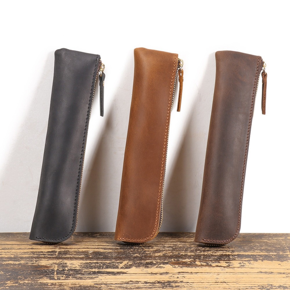 真皮筆袋 鋼筆保護套 拉鍊筆袋 文具收納袋 皮革筆套 鋼筆皮套 復古筆袋 長款收納包 223