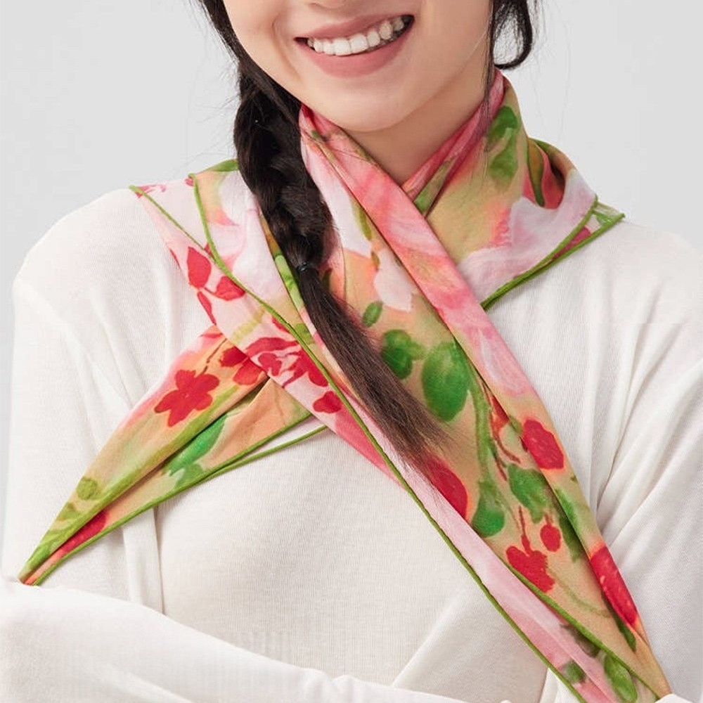 絲巾 花朵方巾 真絲圍巾 100%真絲 方巾女 桑蠶絲 印花絲巾 頭巾 髮帶 髮飾 包包裝飾 配件 穿搭 領巾 037