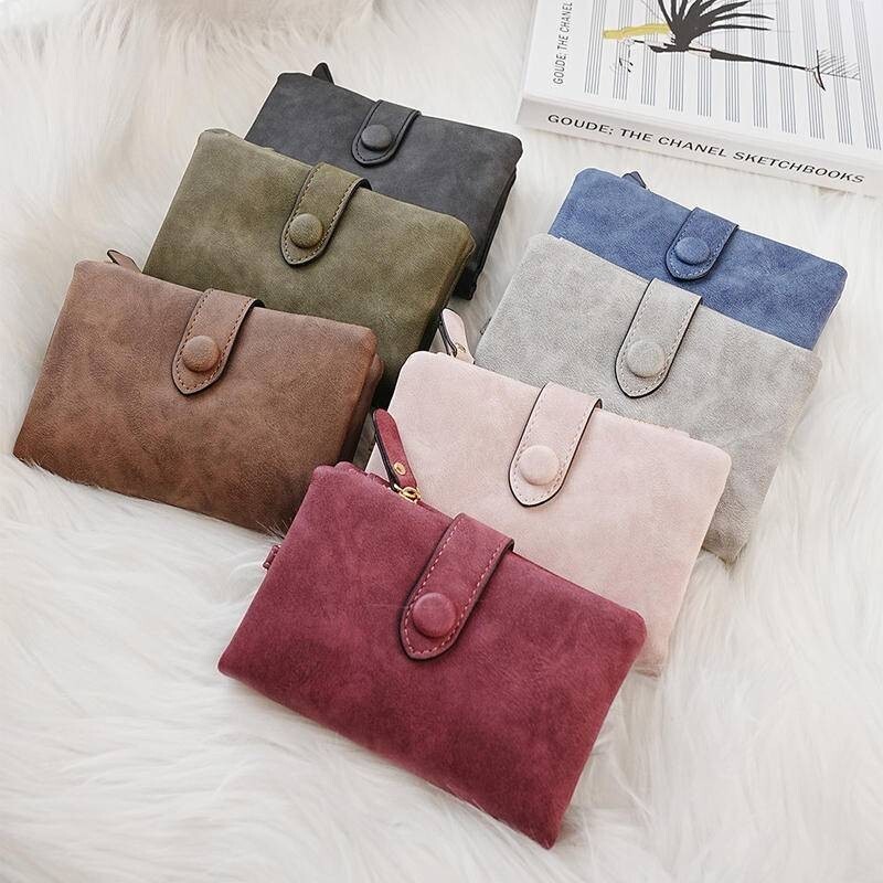 小錢包女 女生皮夾 麂皮磨砂觸感 超級收納 零錢包 女錢包 中夾 小錢包 女皮包  皮夾女 女用中夾 大容量 022