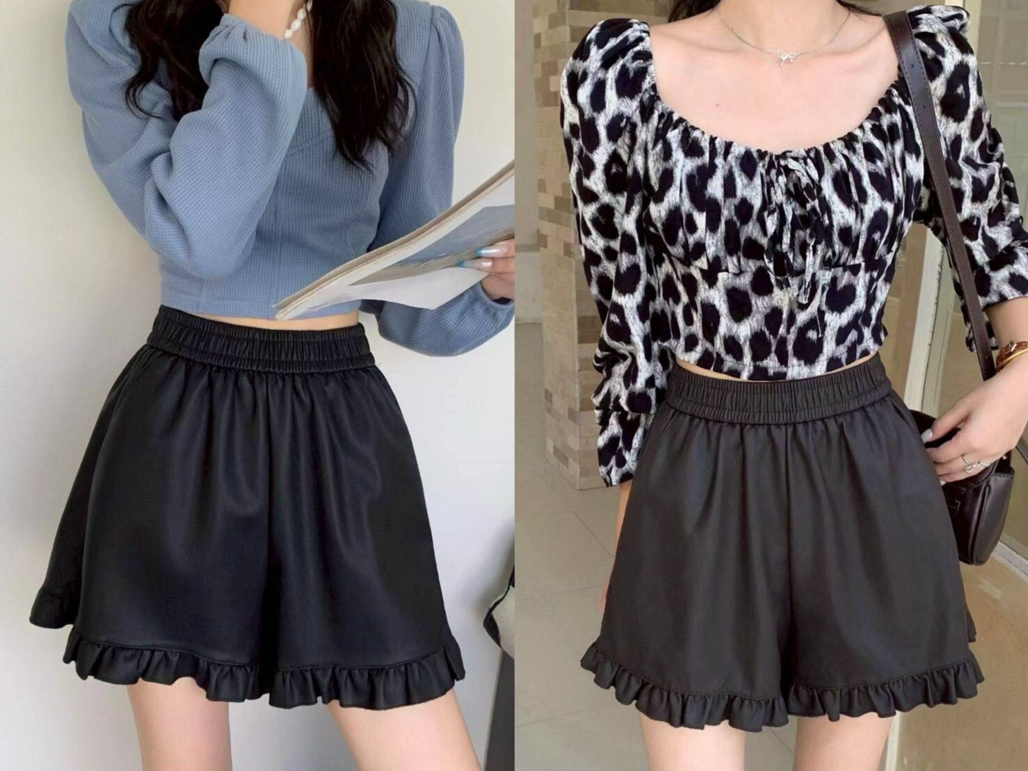 B10025-超顯瘦下荷葉鬆緊皮革短褲