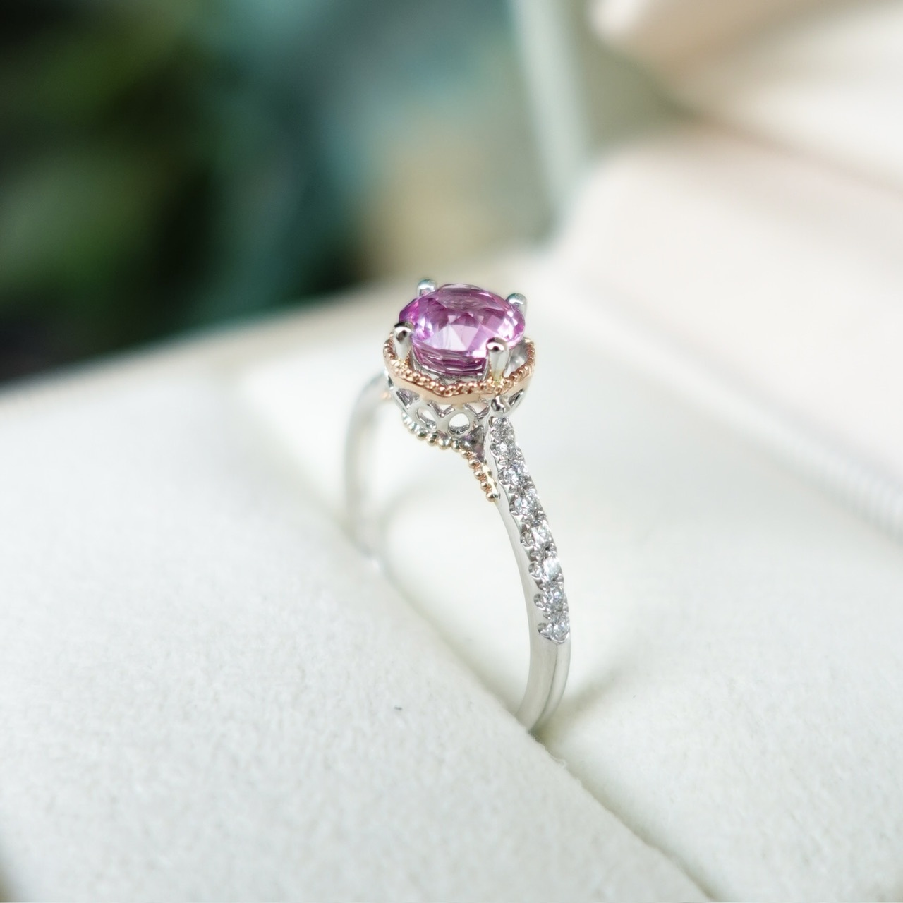 18K金無燒粉紫色藍寶石鑽石戒指-配寶石鑑定證書