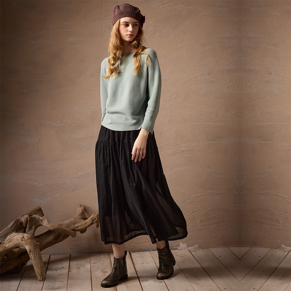 PIPPY 典雅素面簡約剪裁線衫長袖上衣 藍綠