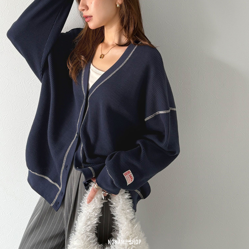 JAVA 華夫格 V領 外縫線 開襟衫 外套 五色 (女款)