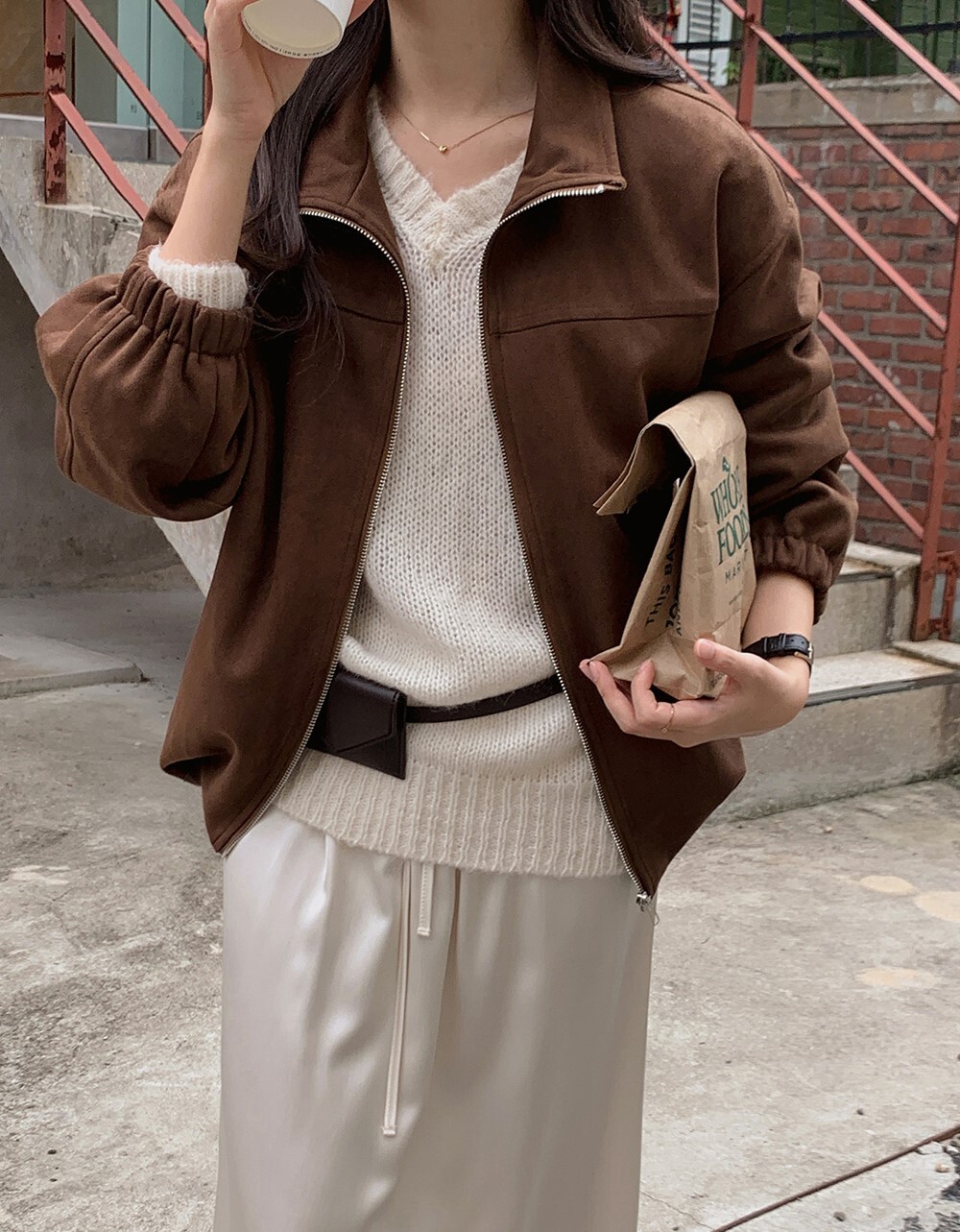 韓國grace muse授權 俐落秋感翻領縮擺拉鏈麂皮外套