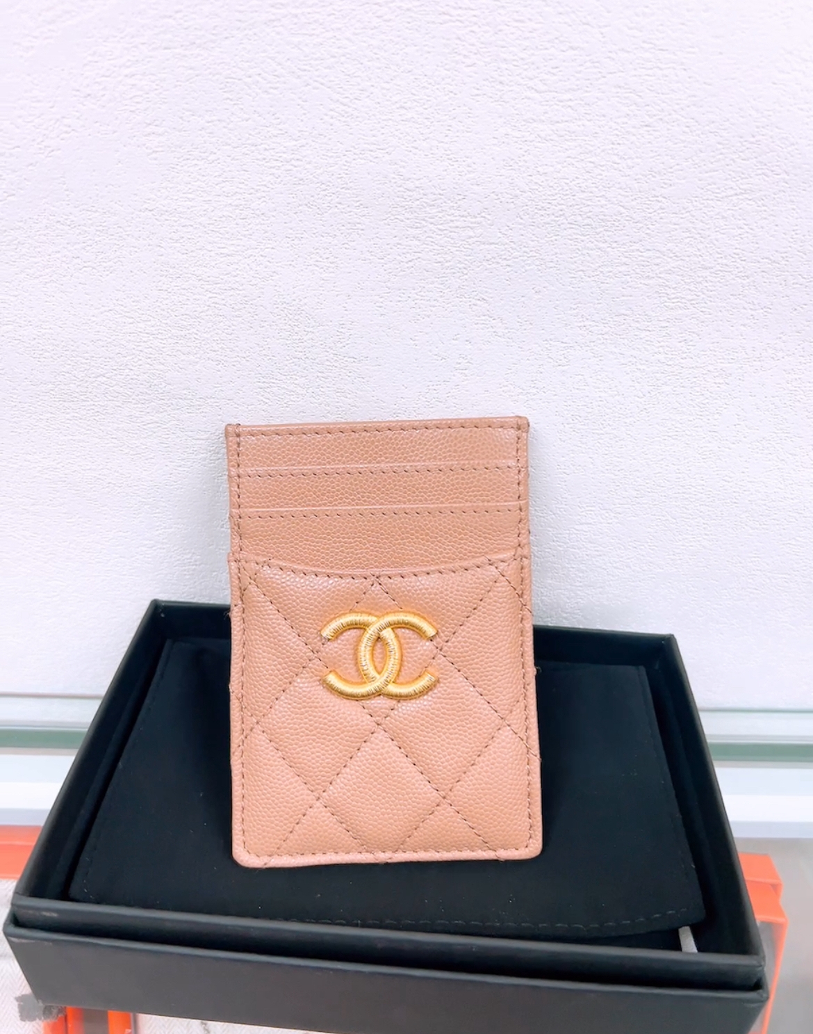 Chanel gold logo card holder beige caviar