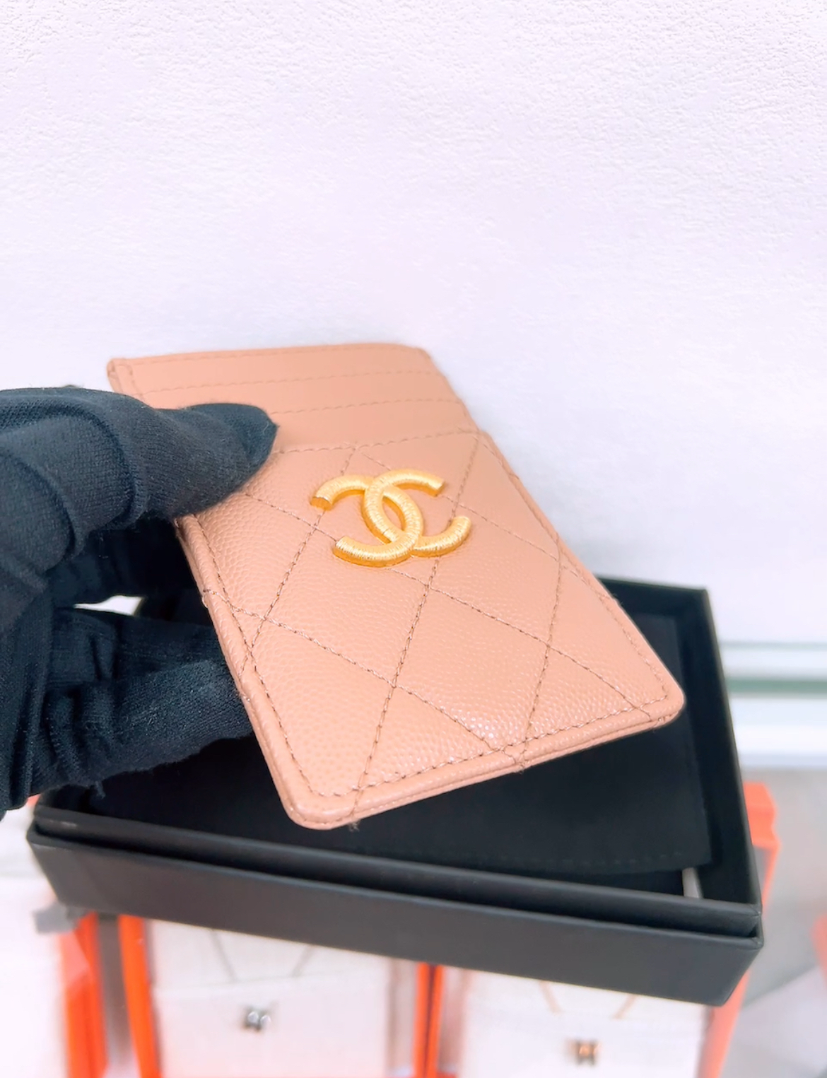 Chanel gold logo card holder beige caviar
