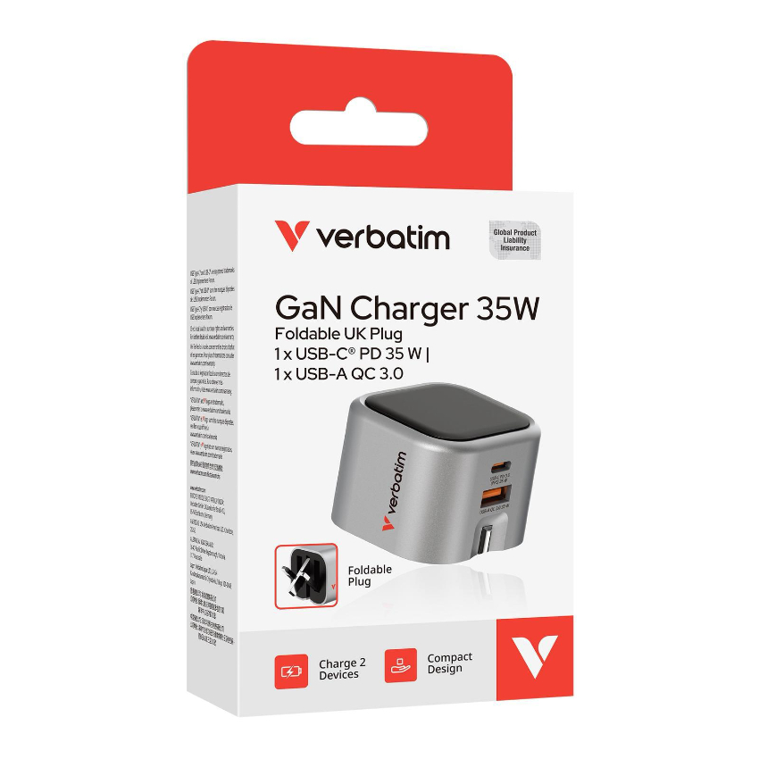 （2026新年限時優惠） Verbatim GaN Charger 35W Foldable UK Plug - Grey 32350