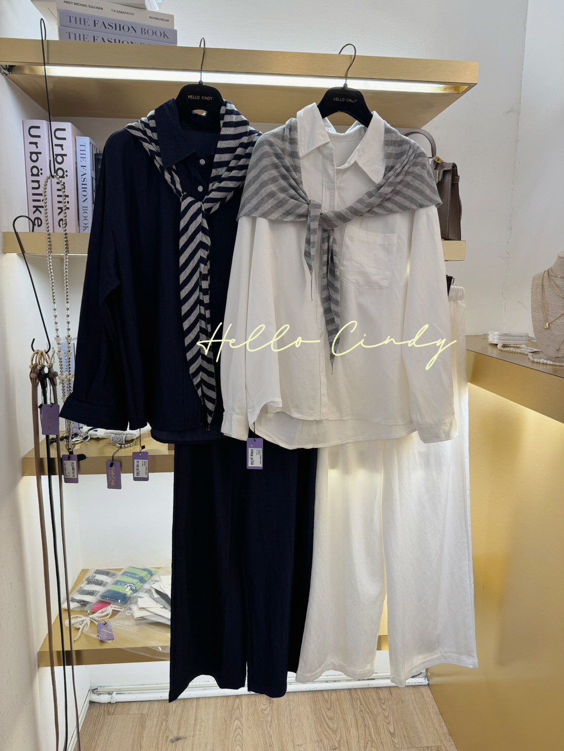 B10020-高雅襯衫寬褲披肩套裝組