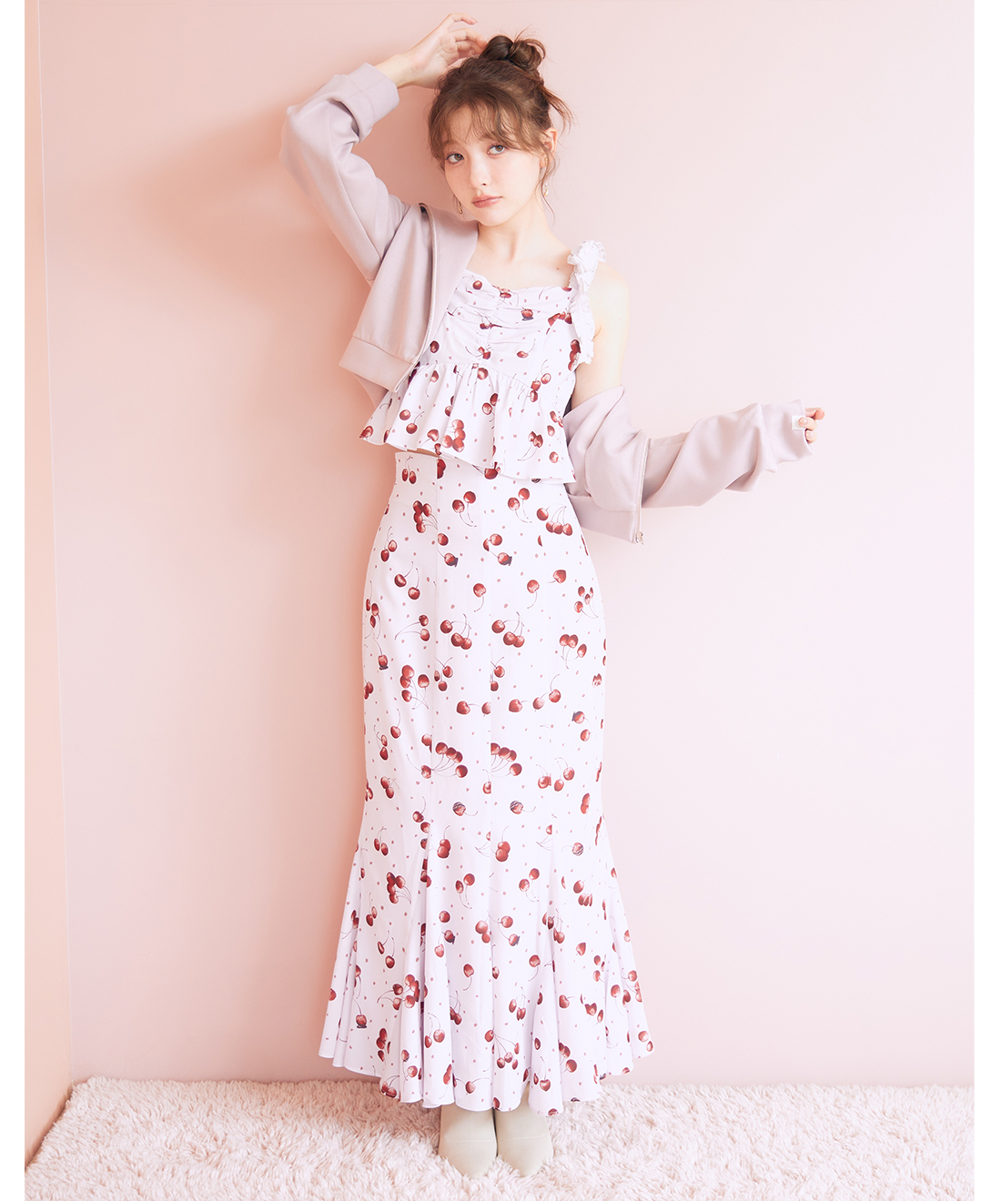 [現貨] 折扣 LILLIAN CARAT 櫻桃印花吊帶背心＆裙子套裝 棕色1號