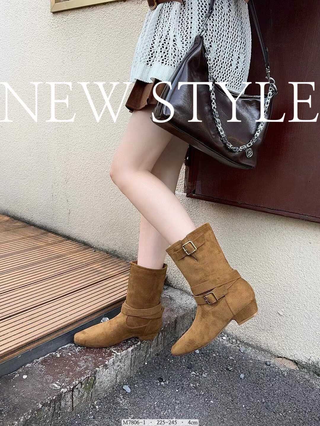 M7806-1韓國霧絨雙扣帶中筒靴