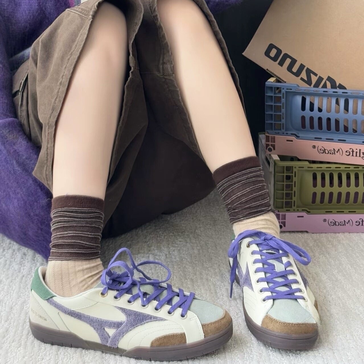 MIZUNO 美津濃 CT Club 撞色拼接 麂皮 復古 薄底鞋 米紫綠 休閒鞋 D1GH261007