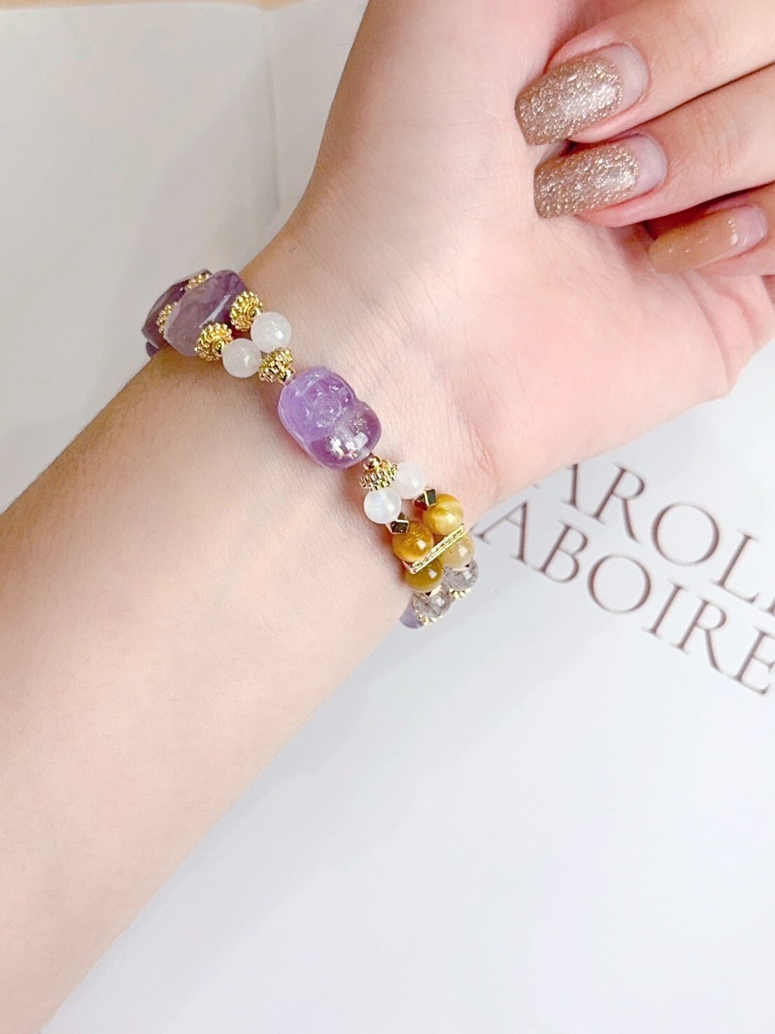 紫水晶貔貅/黑髮晶/白月光水晶手排