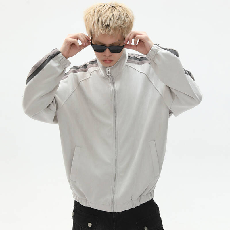 美式復古拼接條紋立領運動外套