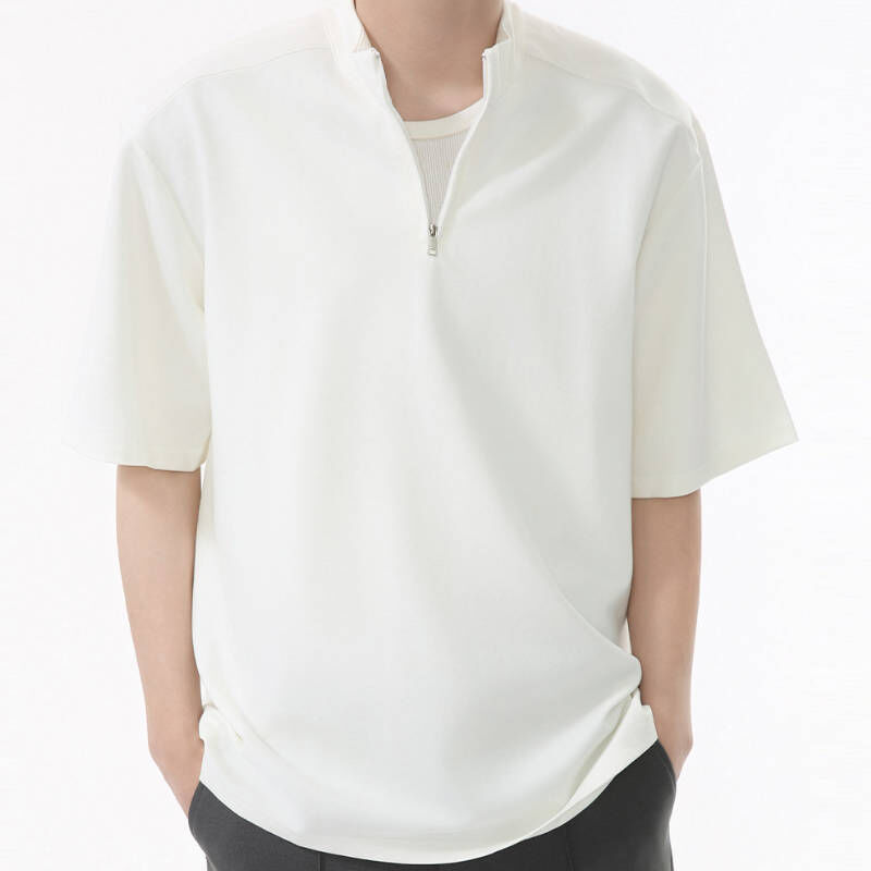 質感滿分韓版簡約顯肩寬立領半拉鍊短袖T-Shirt