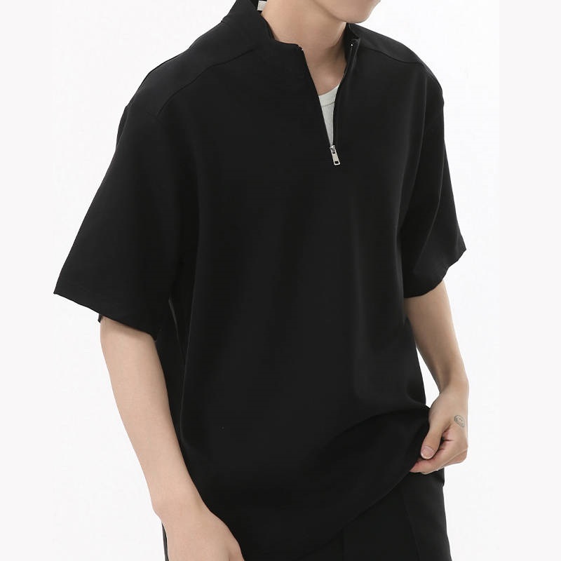 質感滿分韓版簡約顯肩寬立領半拉鍊短袖T-Shirt