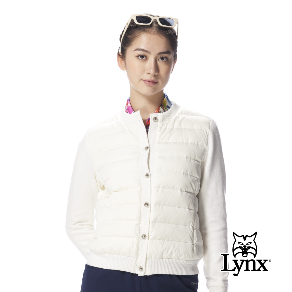 【Lynx Golf】女款時尚短版90/10輕羽絨拼接美麗諾袖防潑水保暖外套
