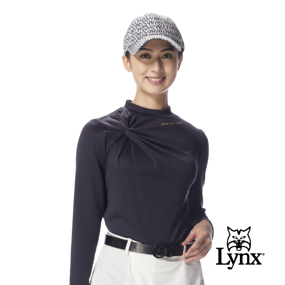 【Lynx Golf】女款合身版右肩綁花長袖圓領T