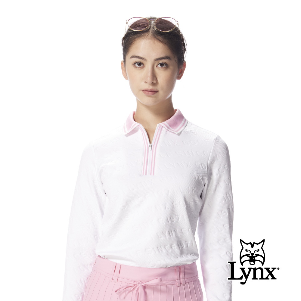 【Lynx Golf】女款合身吸排機能電腦領滿版緹花LOGO拉鍊POLO衫