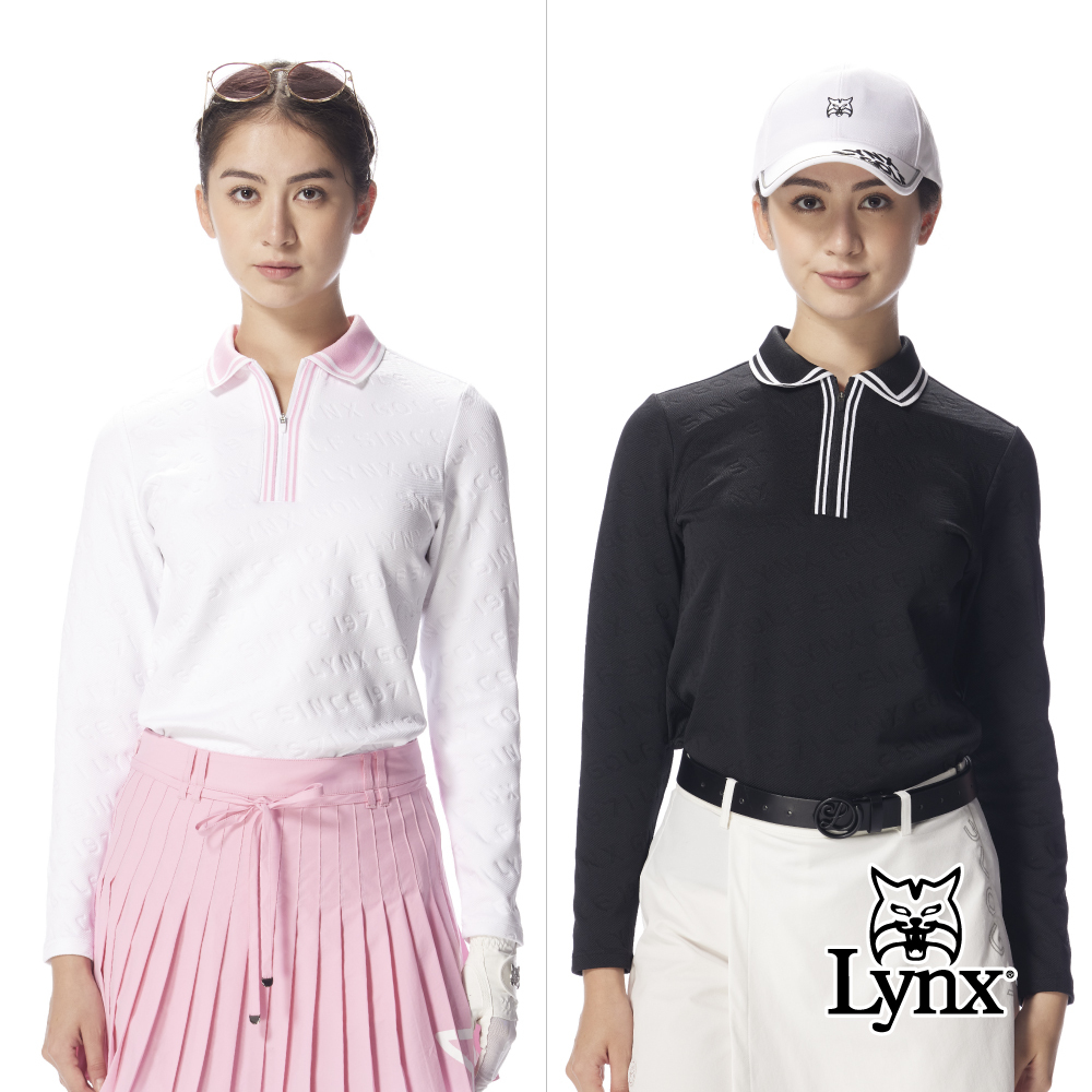 【Lynx Golf】女款合身吸排機能電腦領滿版緹花LOGO拉鍊POLO衫