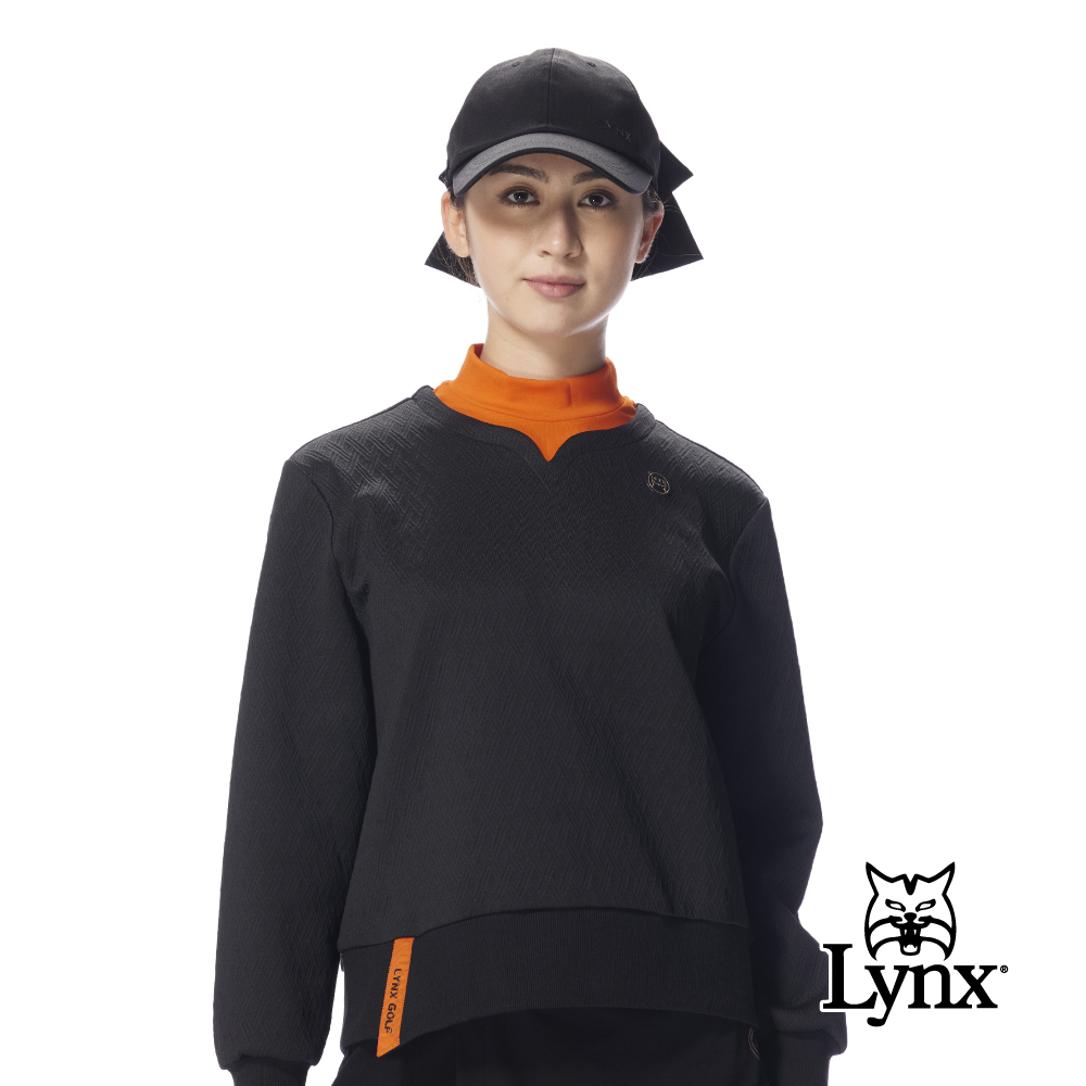 【Lynx Golf】女款寬鬆短版撞色假兩件小V領拼接半高領長T